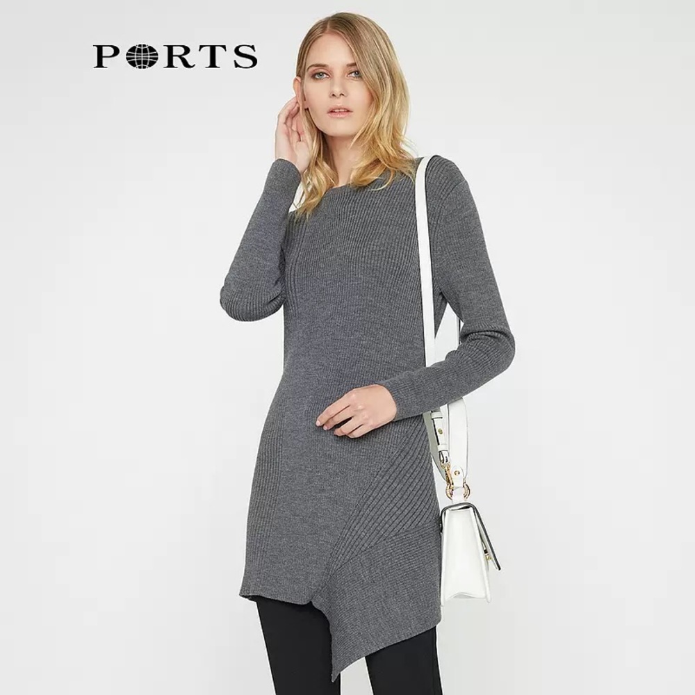 PORTS Wool Long Asymmetrical Rib Knit Sweater Black LV9K428DXF004